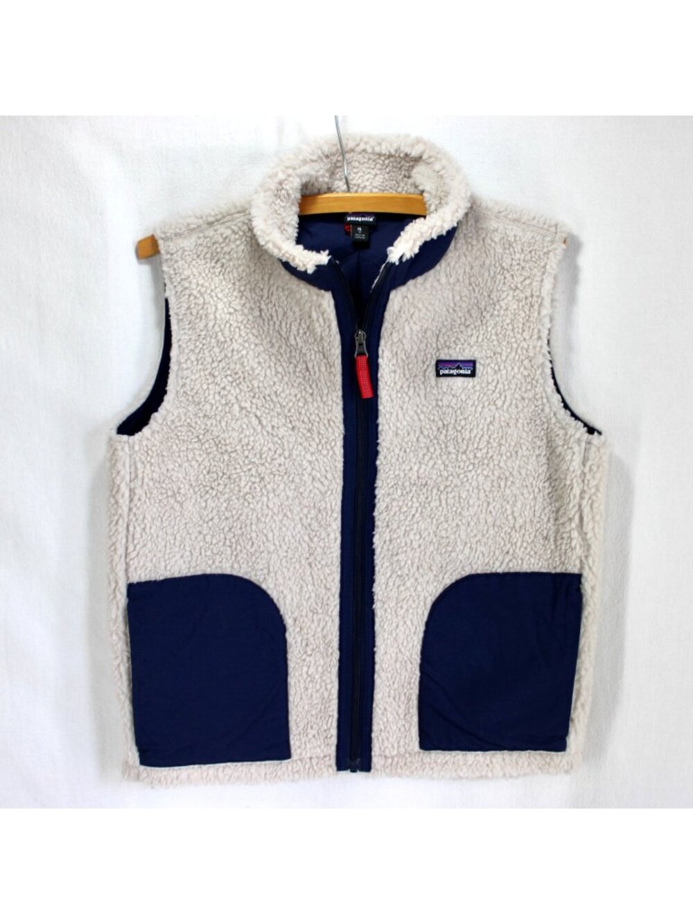Patagonia Retro X Vest Kids Size L 14 Natural Navy Blue Zip Front Sherpa Fleece